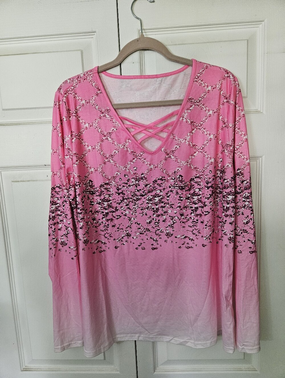 Women's Pink Crisscross V-Neck Long Sleeve Top